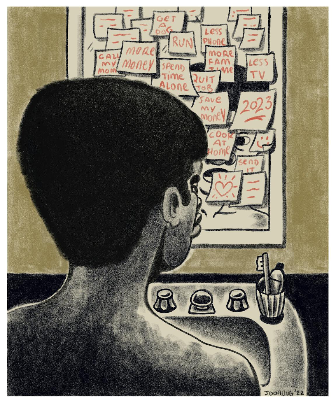 A person looks into a mirror covered entirely in sticky notes.